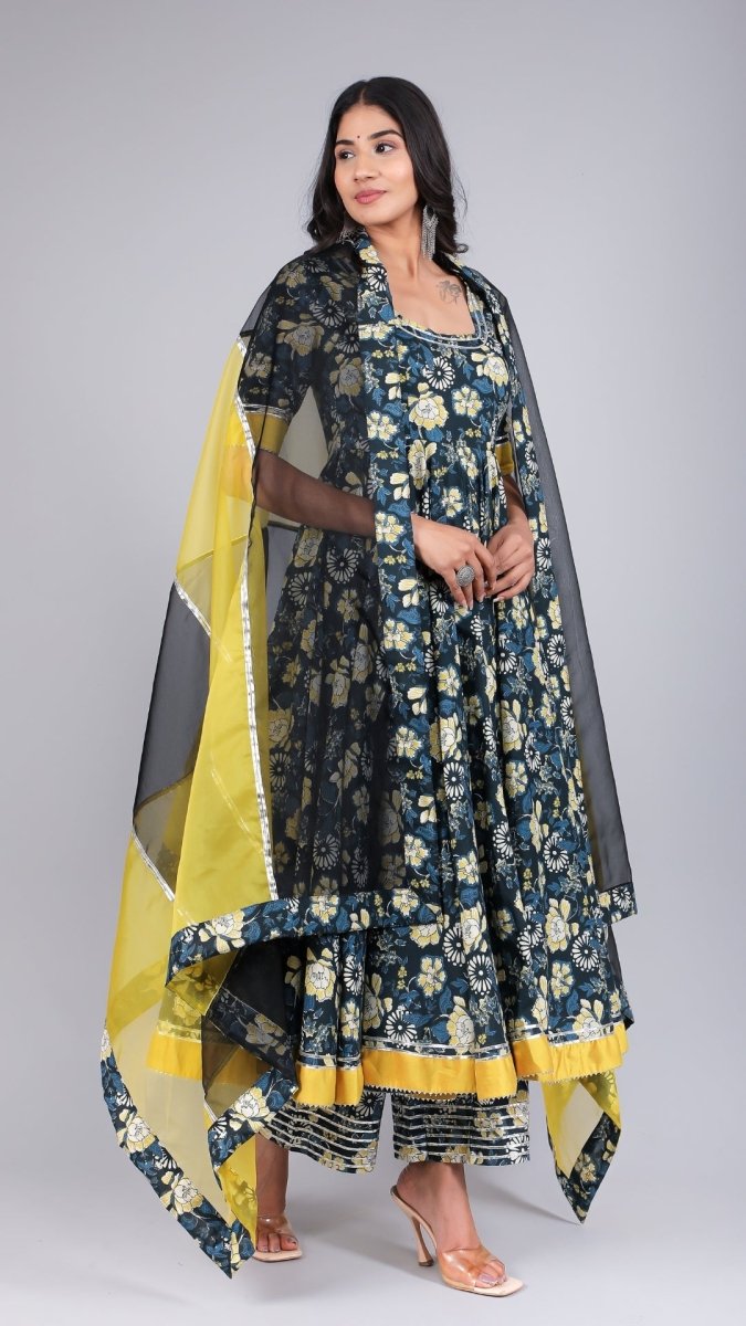 GAURI BLACK &YELLOW COTTON ANARKALI SET - Pomcha Jaipur