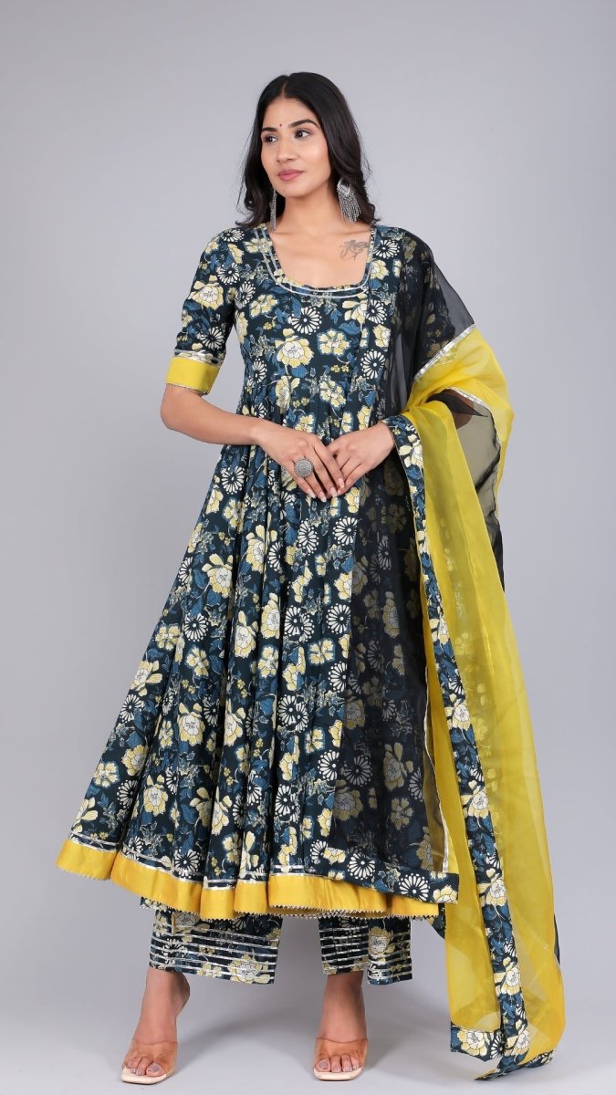 GAURI BLACK &YELLOW COTTON ANARKALI SET - Pomcha Jaipur