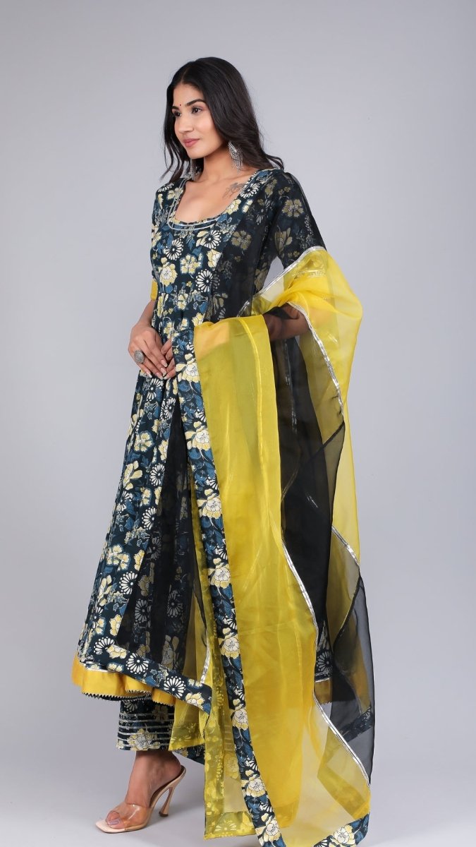 GAURI BLACK &YELLOW COTTON ANARKALI SET - Pomcha Jaipur