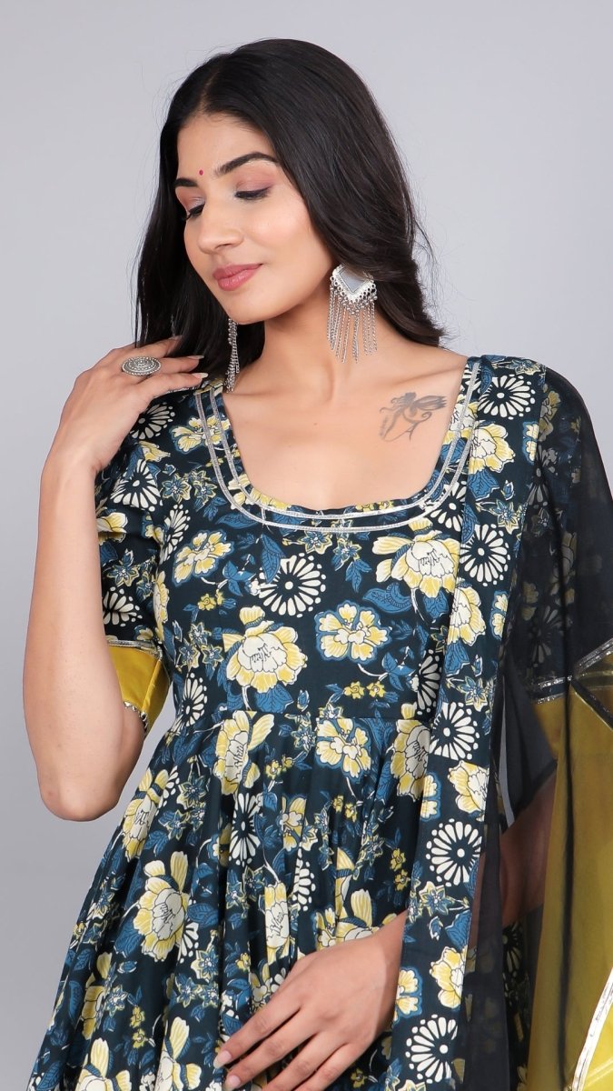 GAURI BLACK &YELLOW COTTON ANARKALI SET - Pomcha Jaipur