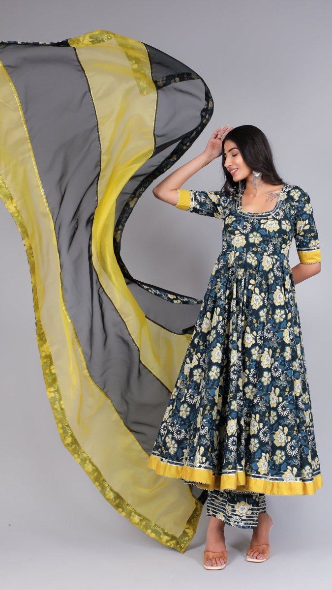 GAURI BLACK &YELLOW COTTON ANARKALI SET - Pomcha Jaipur