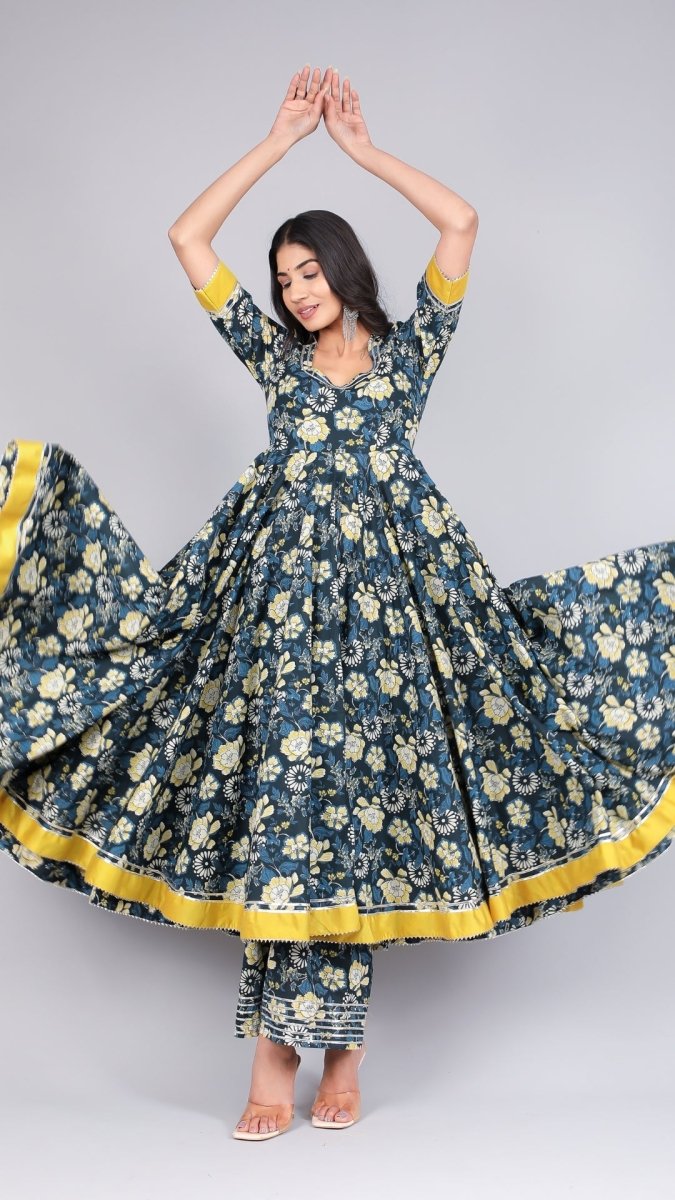 GAURI BLACK &YELLOW COTTON ANARKALI SET - Pomcha Jaipur