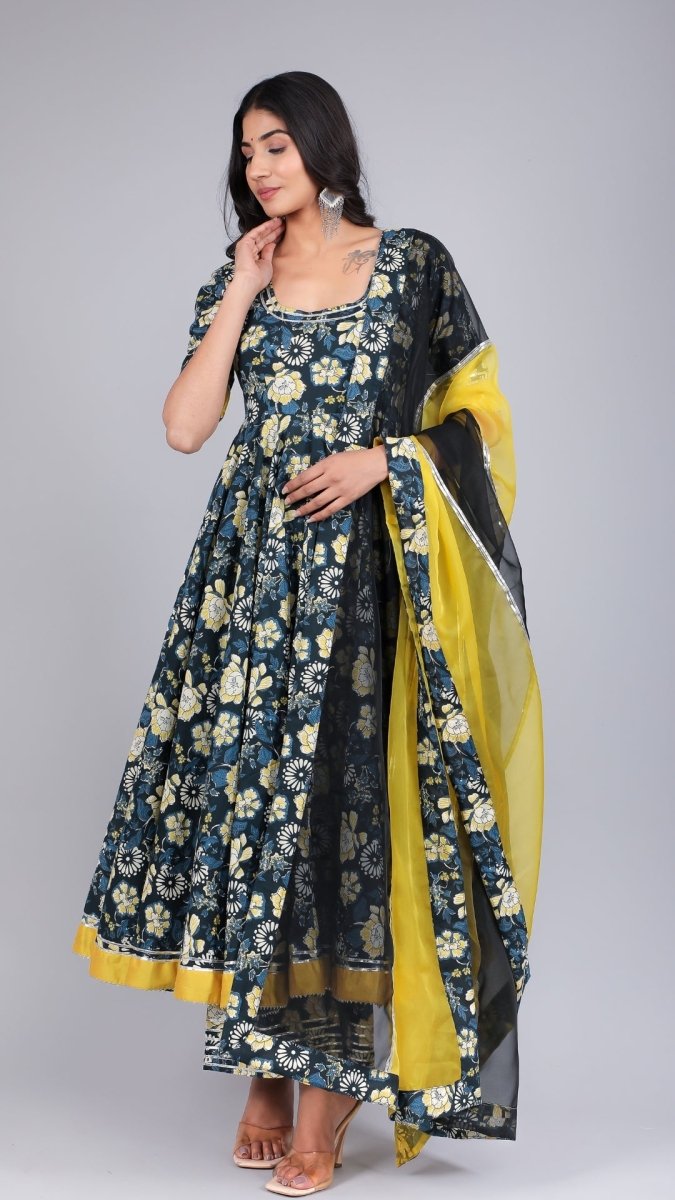 GAURI BLACK &YELLOW COTTON ANARKALI SET - Pomcha Jaipur