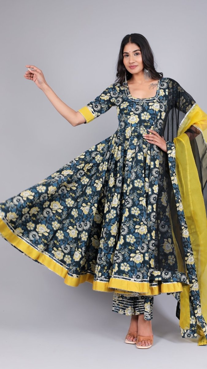 GAURI BLACK &YELLOW COTTON ANARKALI SET - Pomcha Jaipur