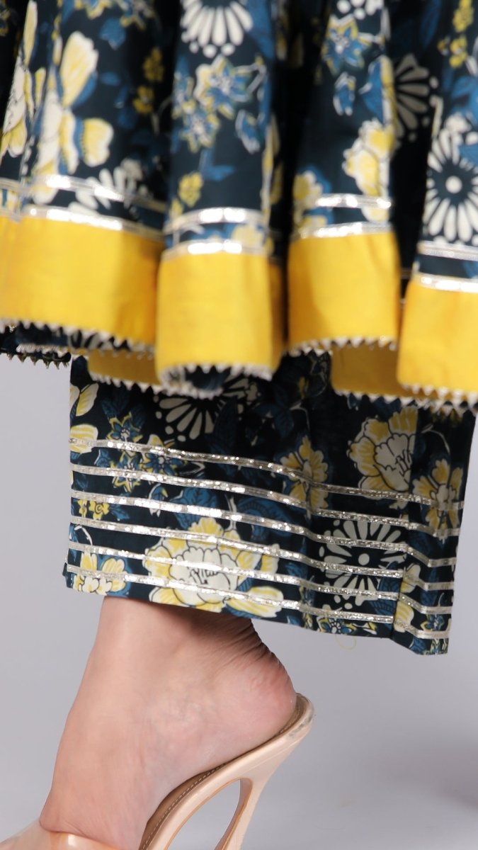 GAURI BLACK &YELLOW COTTON ANARKALI SET - Pomcha Jaipur