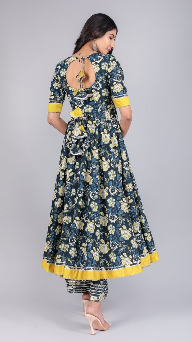 GAURI BLACK &YELLOW COTTON ANARKALI SET - Pomcha Jaipur
