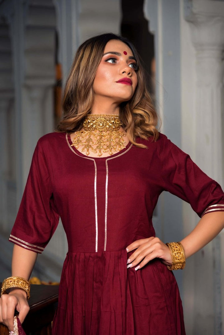 GOTTA JAAL MAROON COTTON ANARKALI WITH JAAL LACE WORK COTTON DUPATTA - Pomcha Jaipur