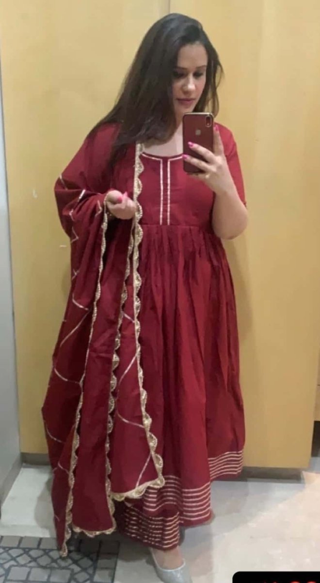 GOTTA JAAL MAROON COTTON ANARKALI WITH JAAL LACE WORK COTTON DUPATTA - Pomcha Jaipur