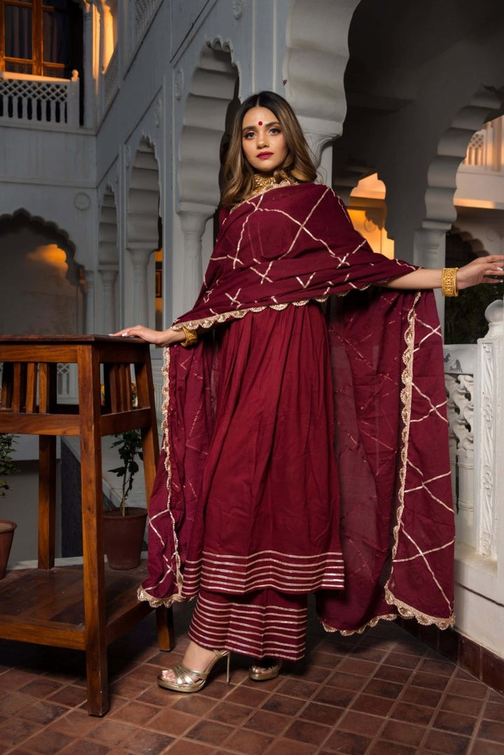 GOTTA JAAL MAROON COTTON ANARKALI WITH JAAL LACE WORK COTTON DUPATTA - Pomcha Jaipur