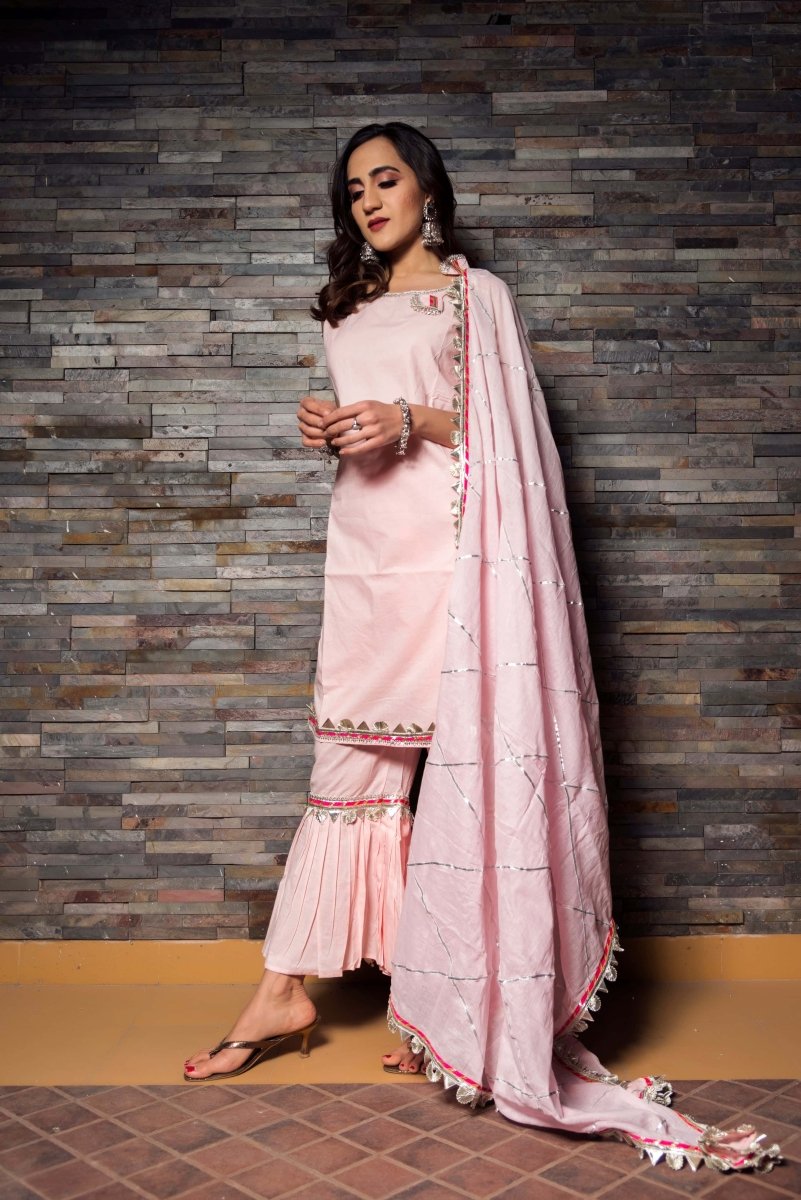 Gotta Jaal Pink Cotton Kurta Sharara Set - Pomcha Jaipur