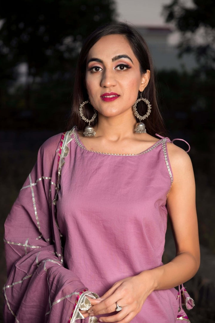 GOTTA JAAL PURPLE COTTON SHARARA SET WITH COTTON DUPATTA - Pomcha Jaipur