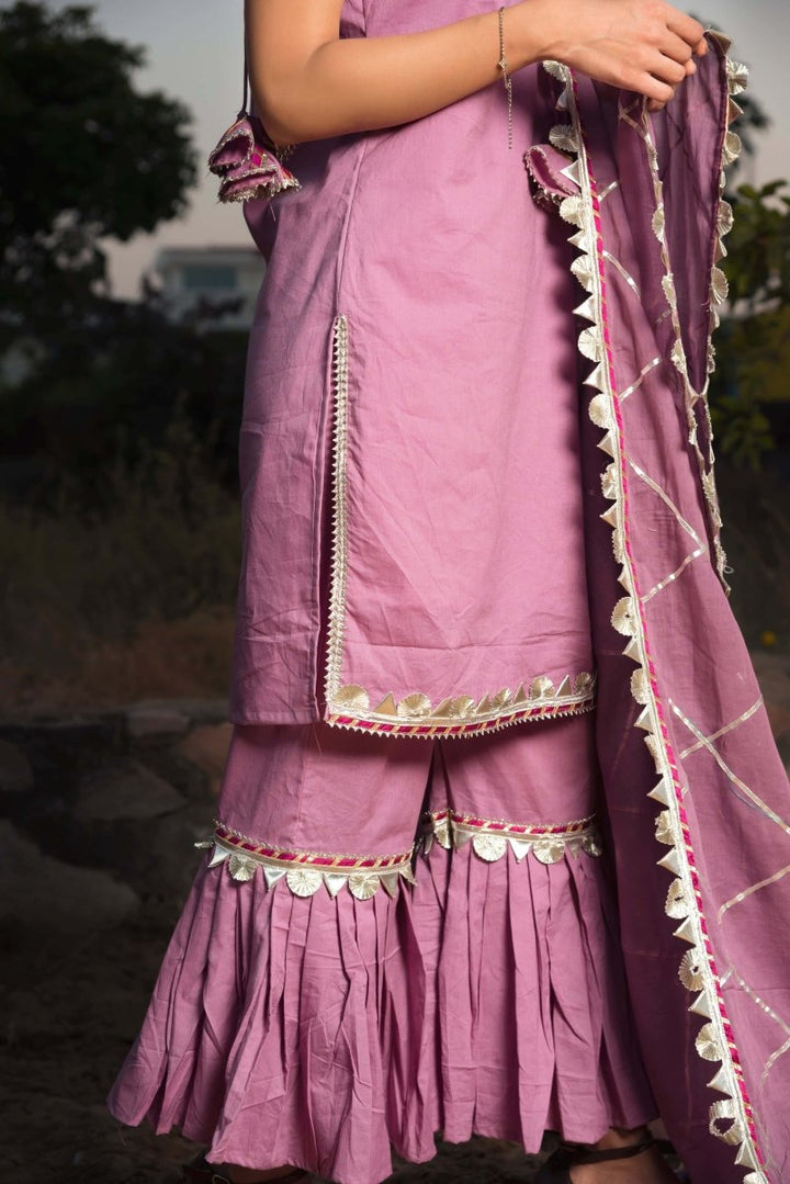 GOTTA JAAL PURPLE COTTON SHARARA SET WITH COTTON DUPATTA - Pomcha Jaipur