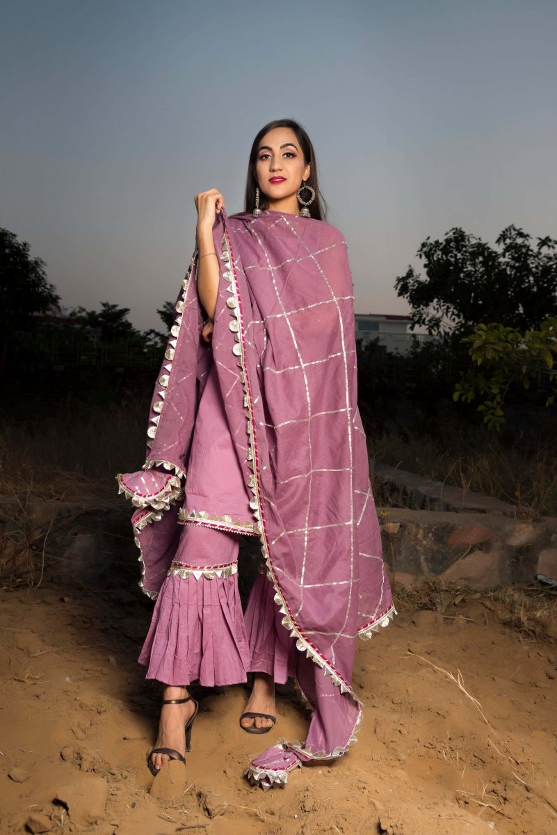 GOTTA JAAL PURPLE COTTON SHARARA SET WITH COTTON DUPATTA - Pomcha Jaipur