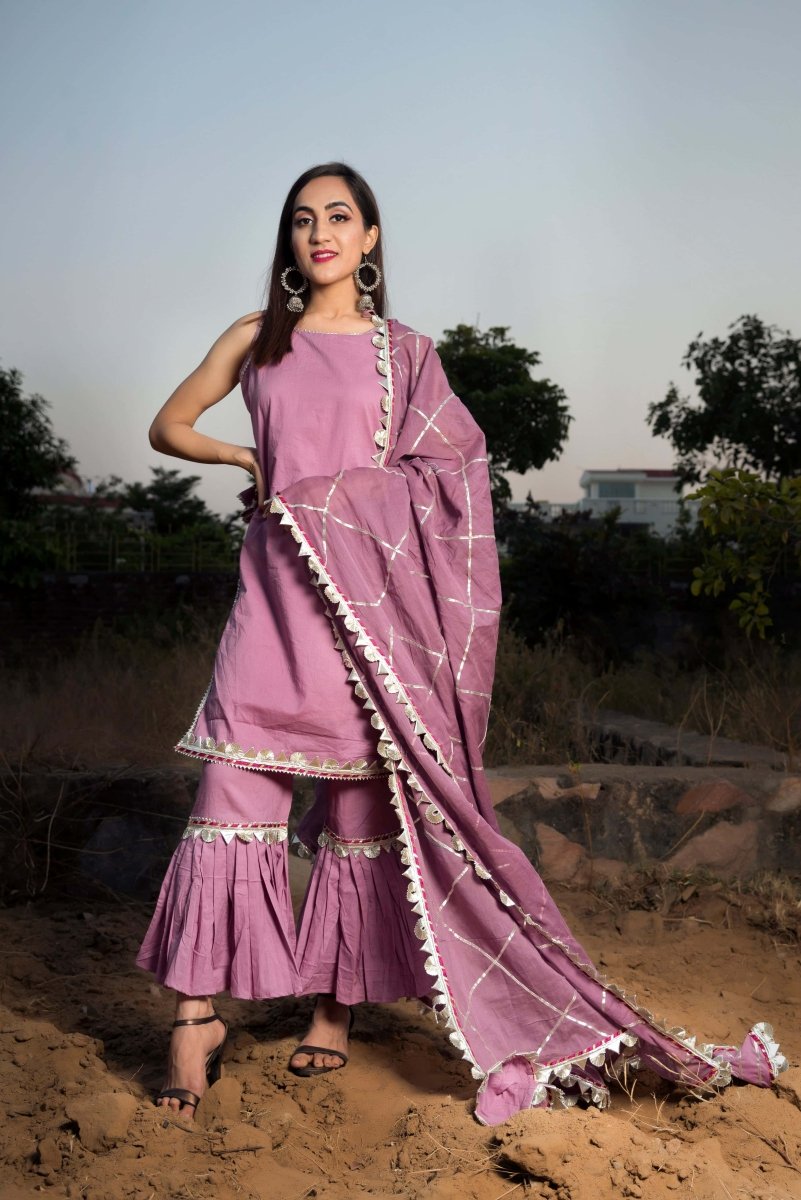 GOTTA JAAL PURPLE COTTON SHARARA SET WITH COTTON DUPATTA - Pomcha Jaipur