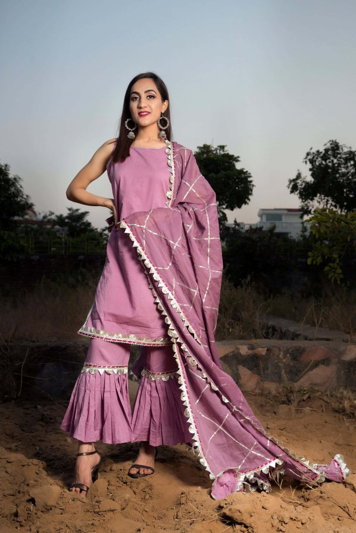 GOTTA JAAL PURPLE COTTON SHARARA SET WITH COTTON DUPATTA - Pomcha Jaipur