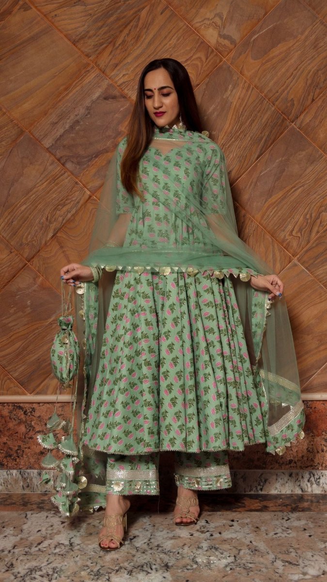 GREEN PAISELY COTTON HAND BLOCK ANARKALI SET - Pomcha Jaipur