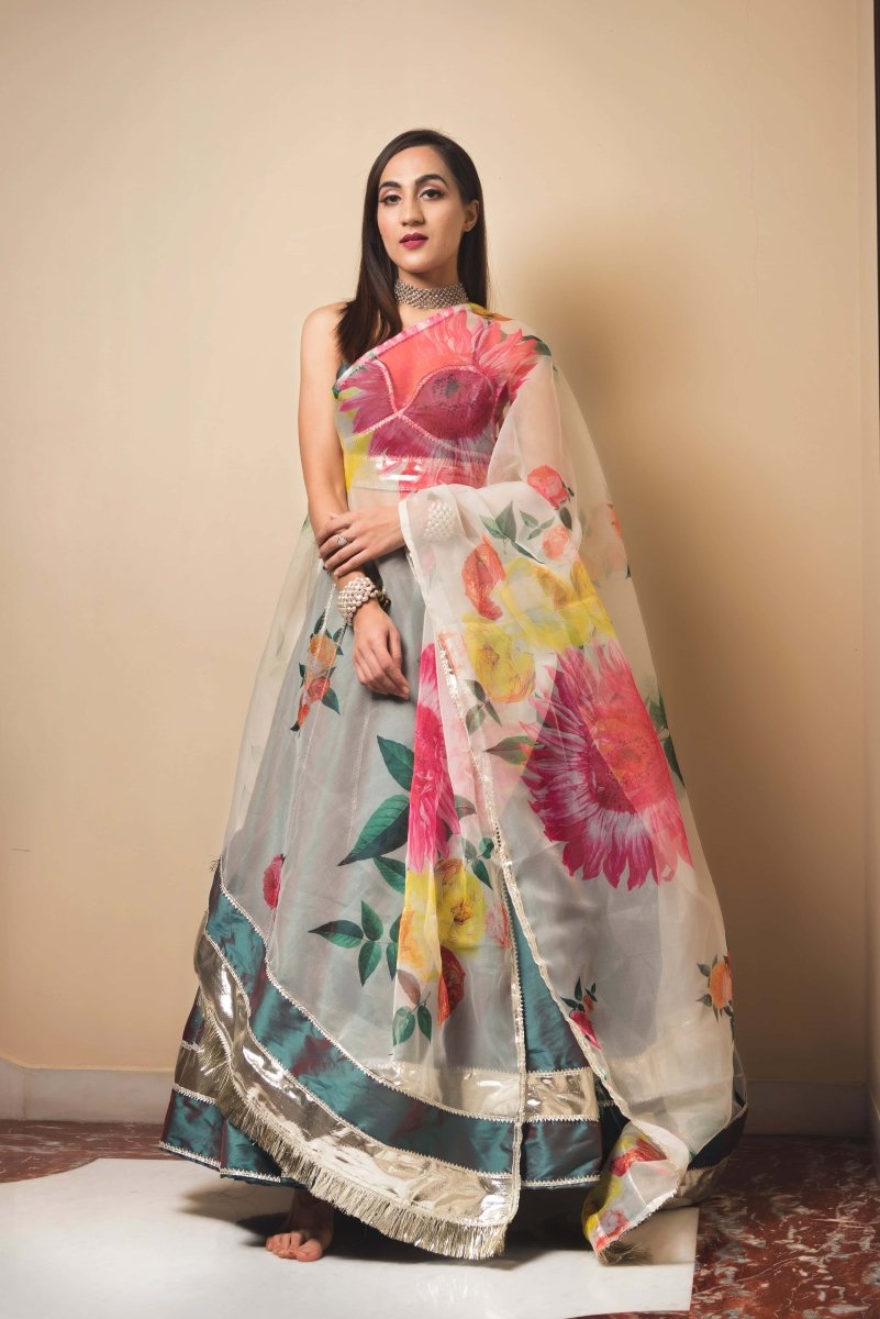 Green Taffeta Silk lappa work Lehenga with digital print organza dupatta set - Pomcha Jaipur