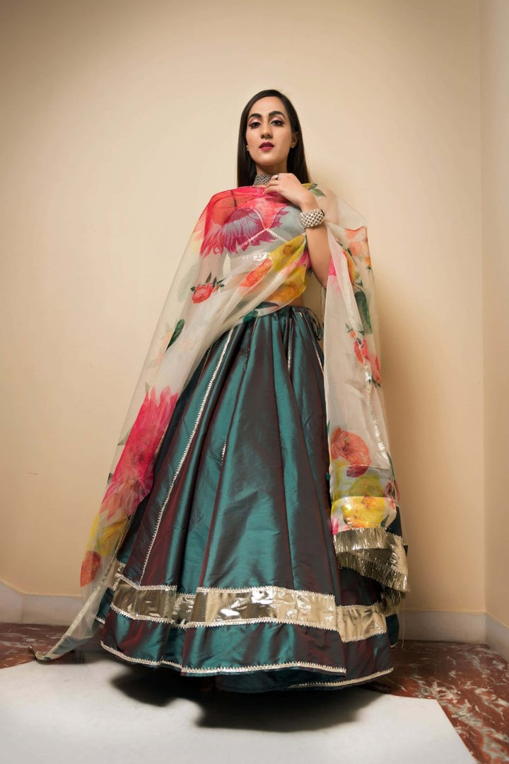 Green Taffeta Silk lappa work Lehenga with digital print organza dupatta set - Pomcha Jaipur
