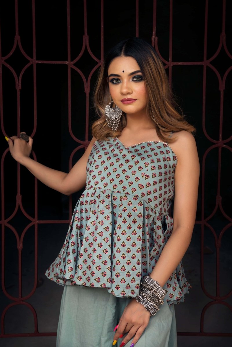 GREY HAND BLOCK A - LINE KURTA PLAZO - Pomcha Jaipur