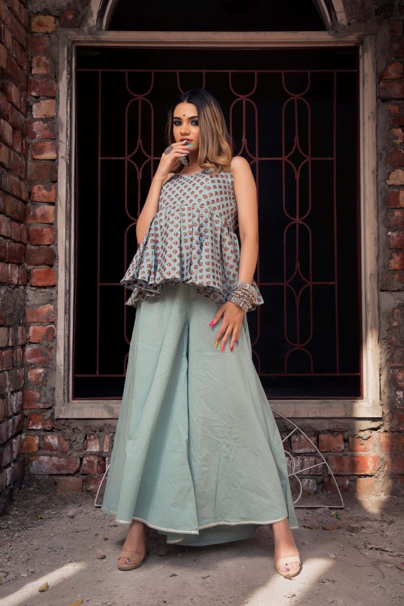 GREY HAND BLOCK A - LINE KURTA PLAZO - Pomcha Jaipur