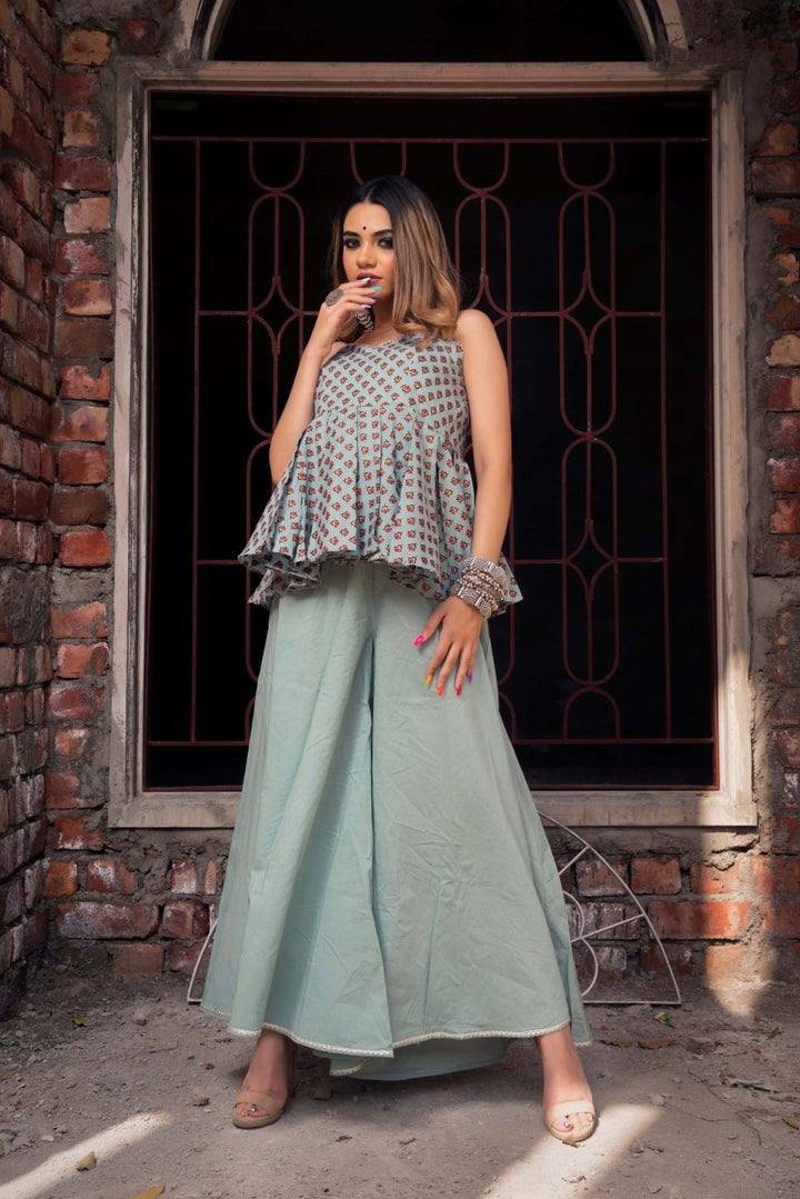 GREY HAND BLOCK A - LINE KURTA PLAZO - Pomcha Jaipur