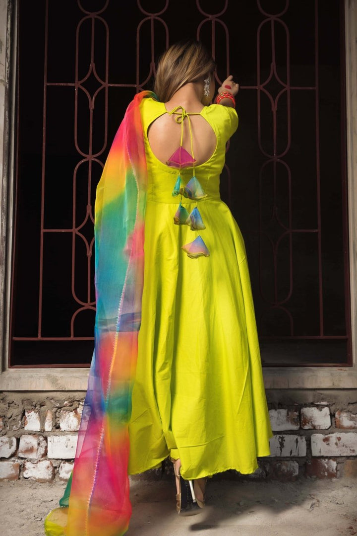 Gulaal Green Pure Cotton Anarkali Set with organza dupatta set - Pomcha Jaipur