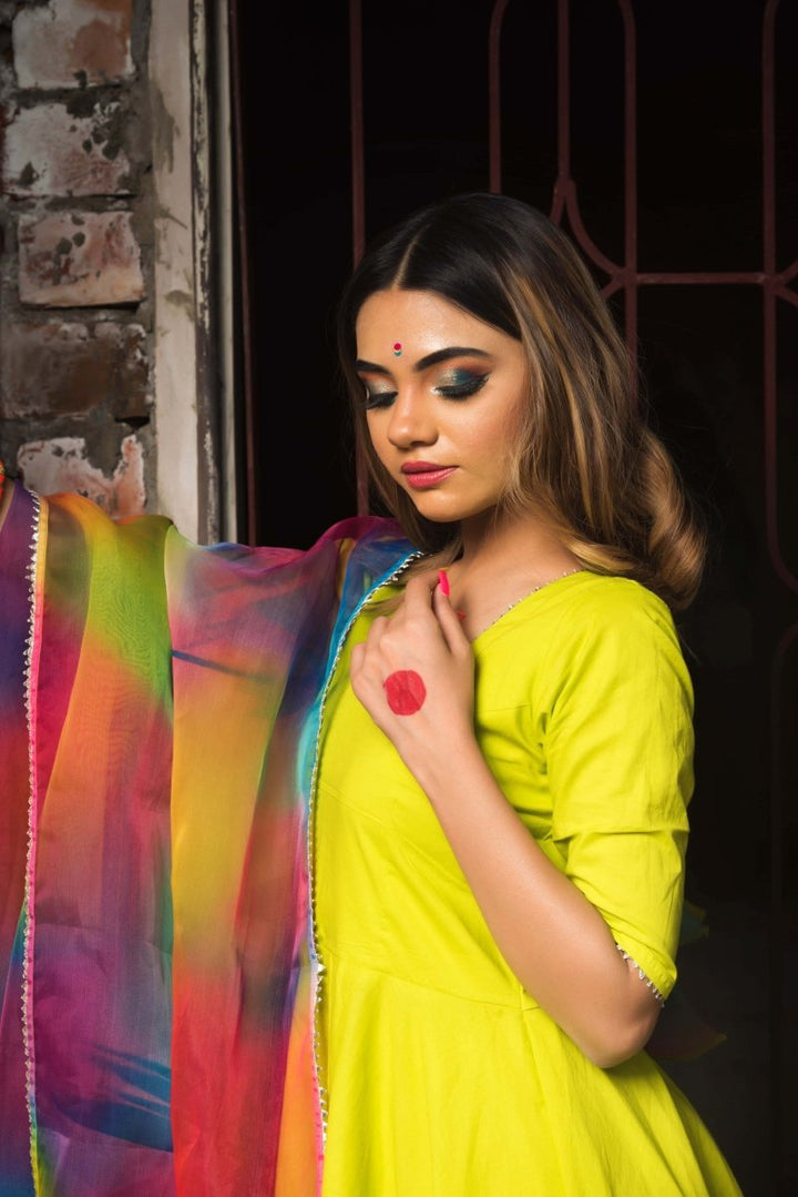 Gulaal Green Pure Cotton Anarkali Set with organza dupatta set - Pomcha Jaipur