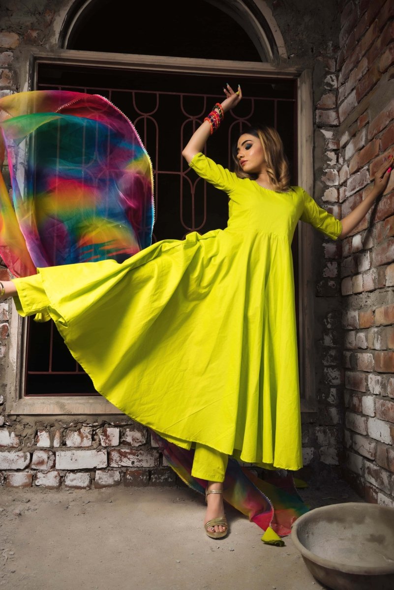 Gulaal Green Pure Cotton Anarkali Set with organza dupatta set - Pomcha Jaipur