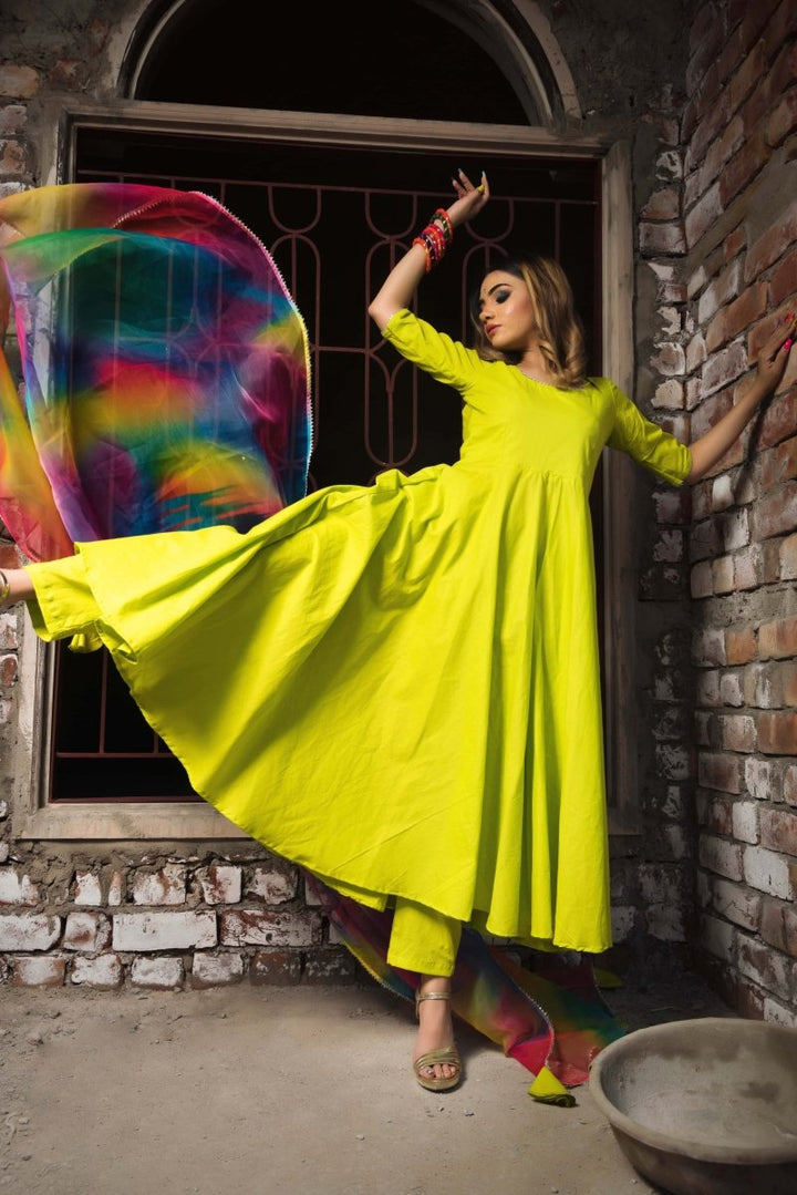 Gulaal Green Pure Cotton Anarkali Set with organza dupatta set - Pomcha Jaipur