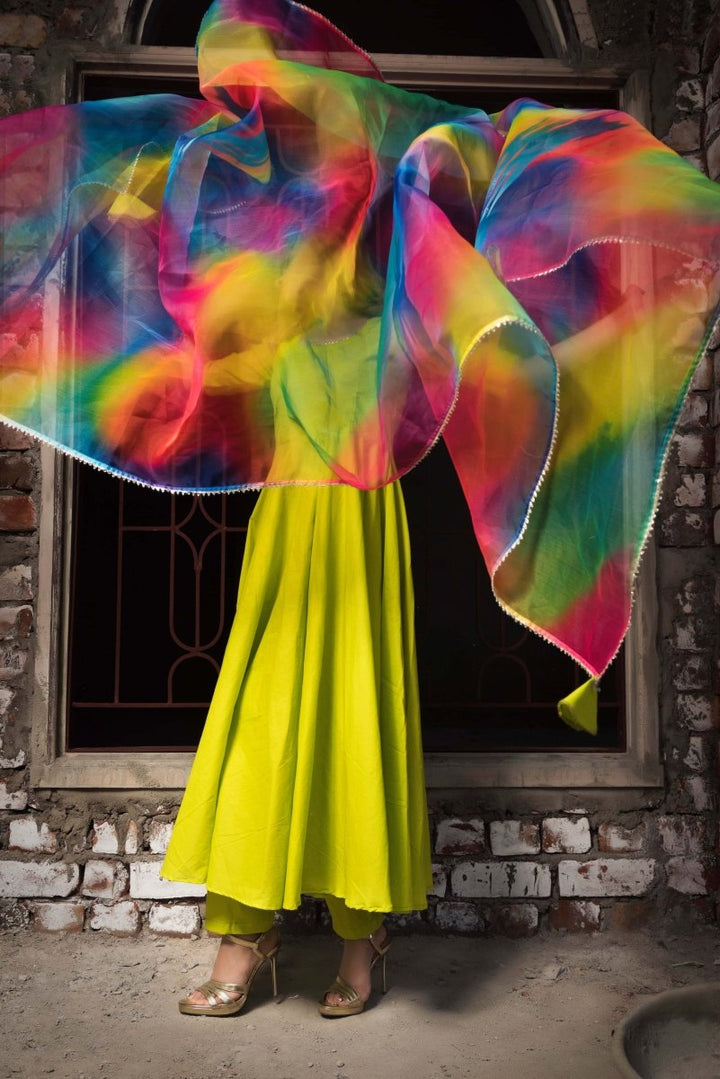 Gulaal Green Pure Cotton Anarkali Set with organza dupatta set - Pomcha Jaipur