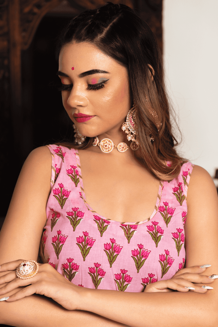 GULBAHAR PINK HAND BLOCK PRINT SUIT WITH SOFT NET LACE WORK DUPATTA SET - Pomcha Jaipur