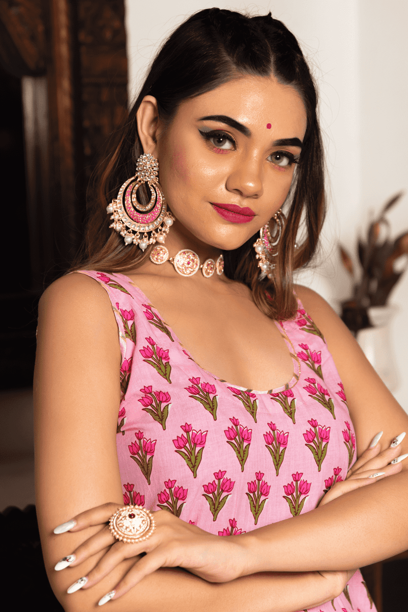 GULBAHAR PINK HAND BLOCK PRINT SUIT WITH SOFT NET LACE WORK DUPATTA SET - Pomcha Jaipur