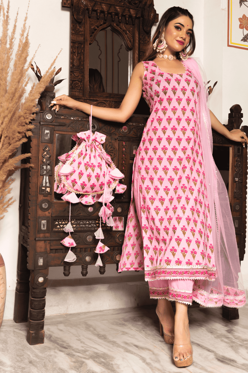 GULBAHAR PINK HAND BLOCK PRINT SUIT WITH SOFT NET LACE WORK DUPATTA SET - Pomcha Jaipur