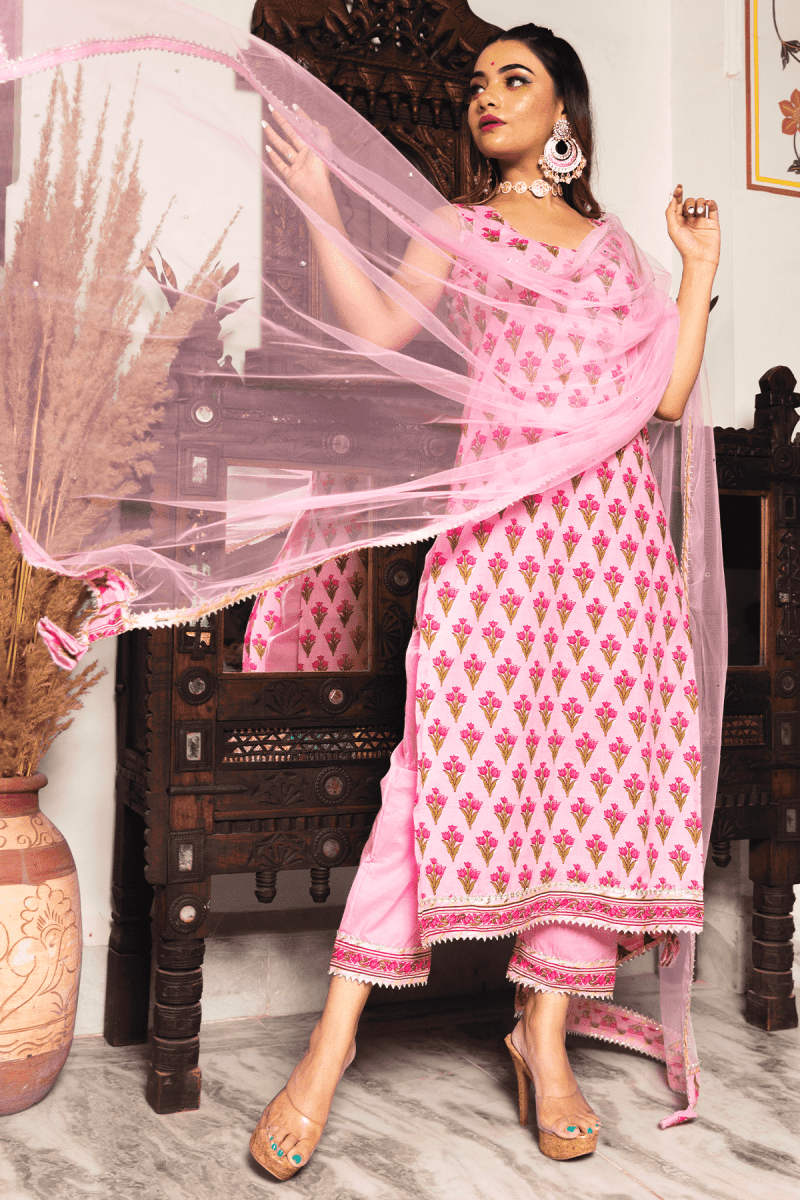 GULBAHAR PINK HAND BLOCK PRINT SUIT WITH SOFT NET LACE WORK DUPATTA SET - Pomcha Jaipur