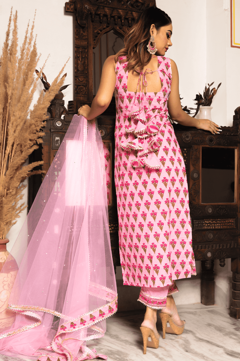 GULBAHAR PINK HAND BLOCK PRINT SUIT WITH SOFT NET LACE WORK DUPATTA SET - Pomcha Jaipur
