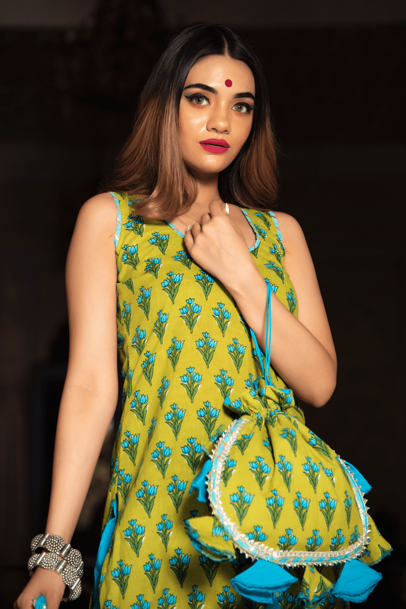 GULZAR BLUE HAND BLOCK COTTON KURTA SUIT SET WITH ORGANZA DUPATTA - Pomcha Jaipur