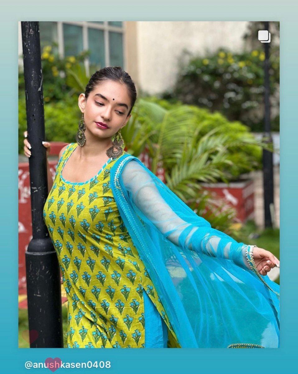 GULZAR BLUE HAND BLOCK COTTON KURTA SUIT SET WITH ORGANZA DUPATTA - Pomcha Jaipur