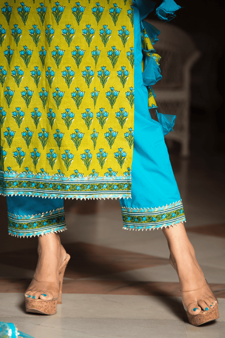 GULZAR BLUE HAND BLOCK COTTON KURTA SUIT SET WITH ORGANZA DUPATTA - Pomcha Jaipur