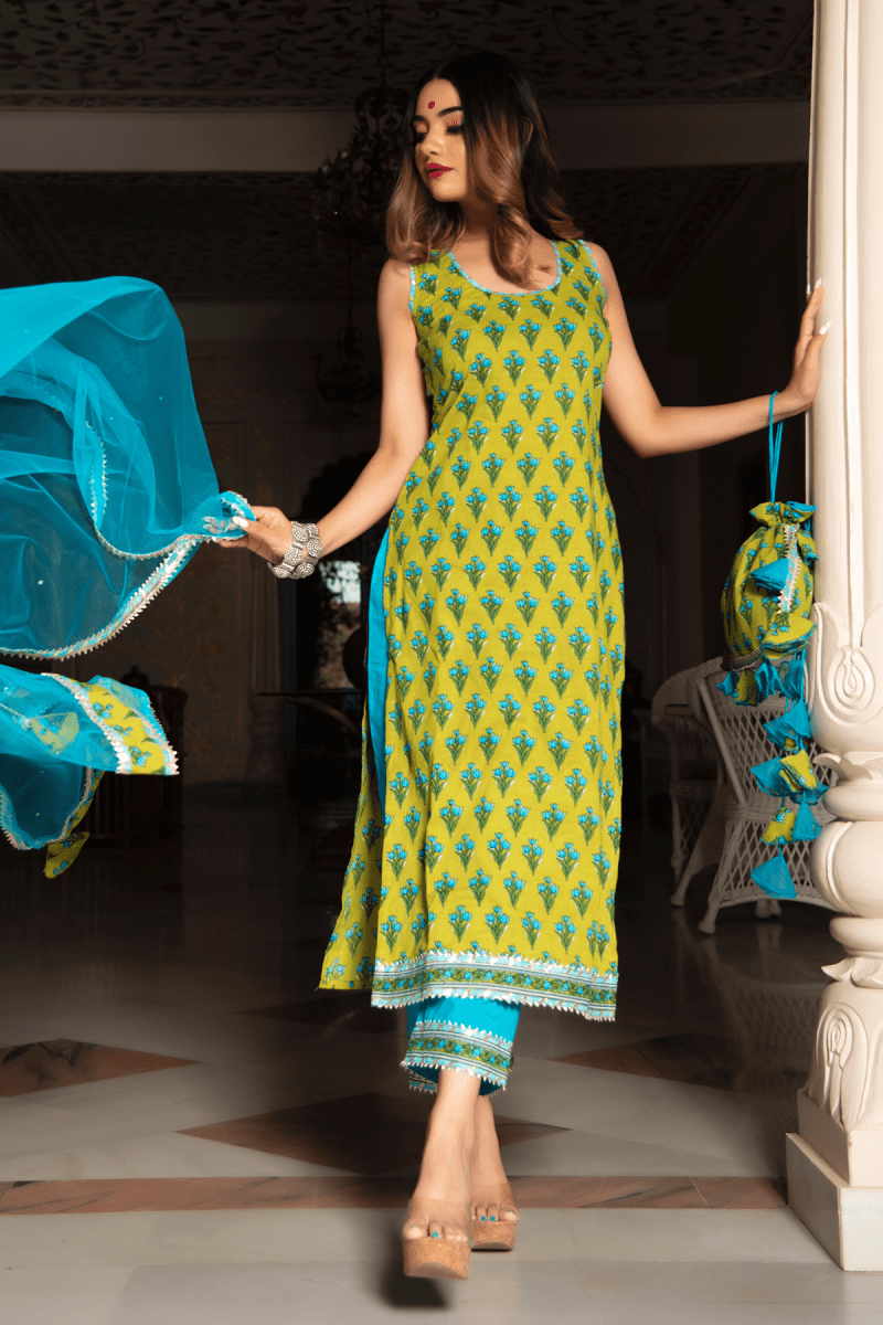 GULZAR BLUE HAND BLOCK COTTON KURTA SUIT SET WITH ORGANZA DUPATTA - Pomcha Jaipur