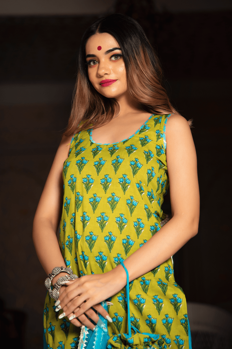 GULZAR BLUE HAND BLOCK COTTON KURTA SUIT SET WITH ORGANZA DUPATTA - Pomcha Jaipur