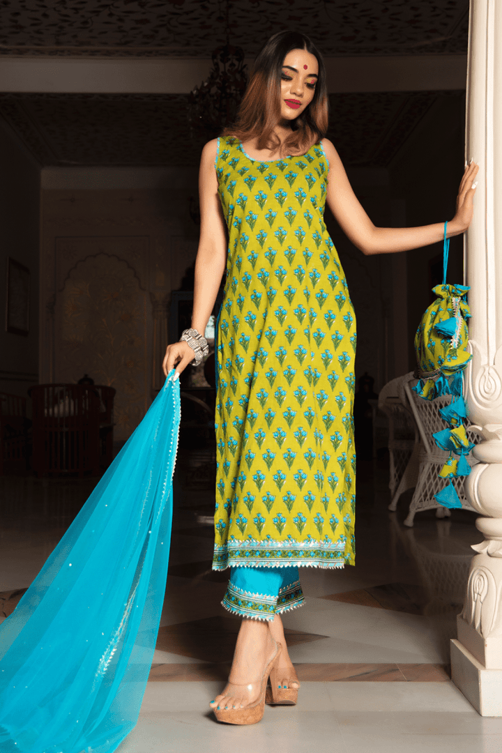 GULZAR BLUE HAND BLOCK COTTON KURTA SUIT SET WITH ORGANZA DUPATTA - Pomcha Jaipur