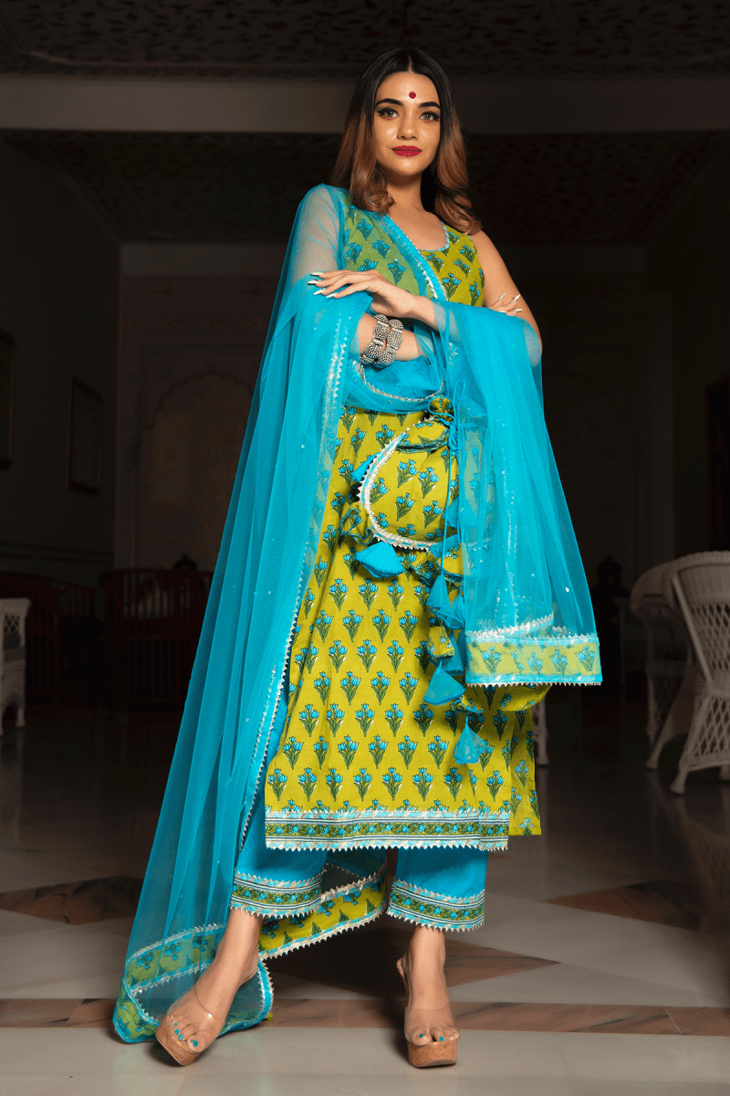 GULZAR BLUE HAND BLOCK COTTON KURTA SUIT SET WITH ORGANZA DUPATTA - Pomcha Jaipur