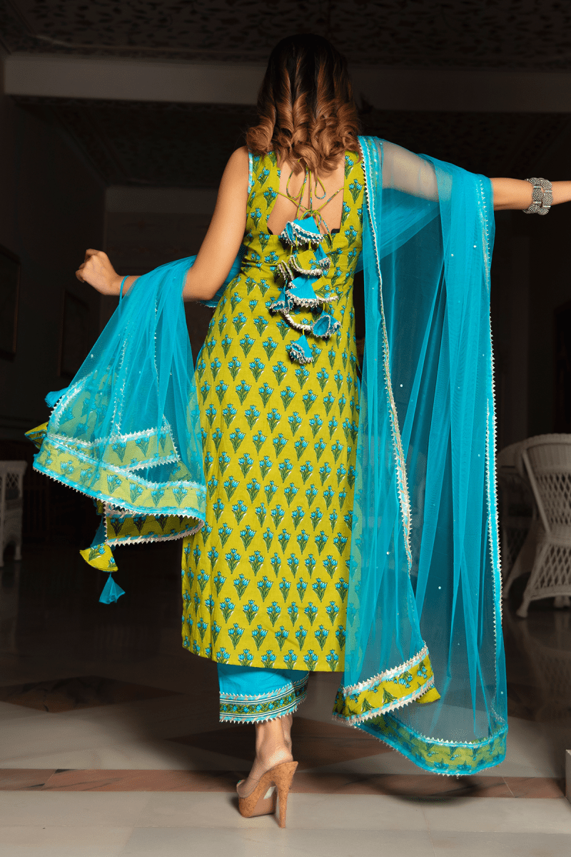 GULZAR BLUE HAND BLOCK COTTON KURTA SUIT SET WITH ORGANZA DUPATTA - Pomcha Jaipur