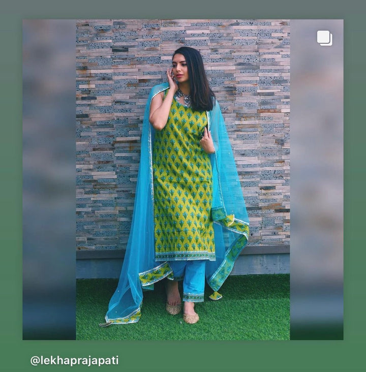 GULZAR BLUE HAND BLOCK COTTON KURTA SUIT SET WITH ORGANZA DUPATTA - Pomcha Jaipur