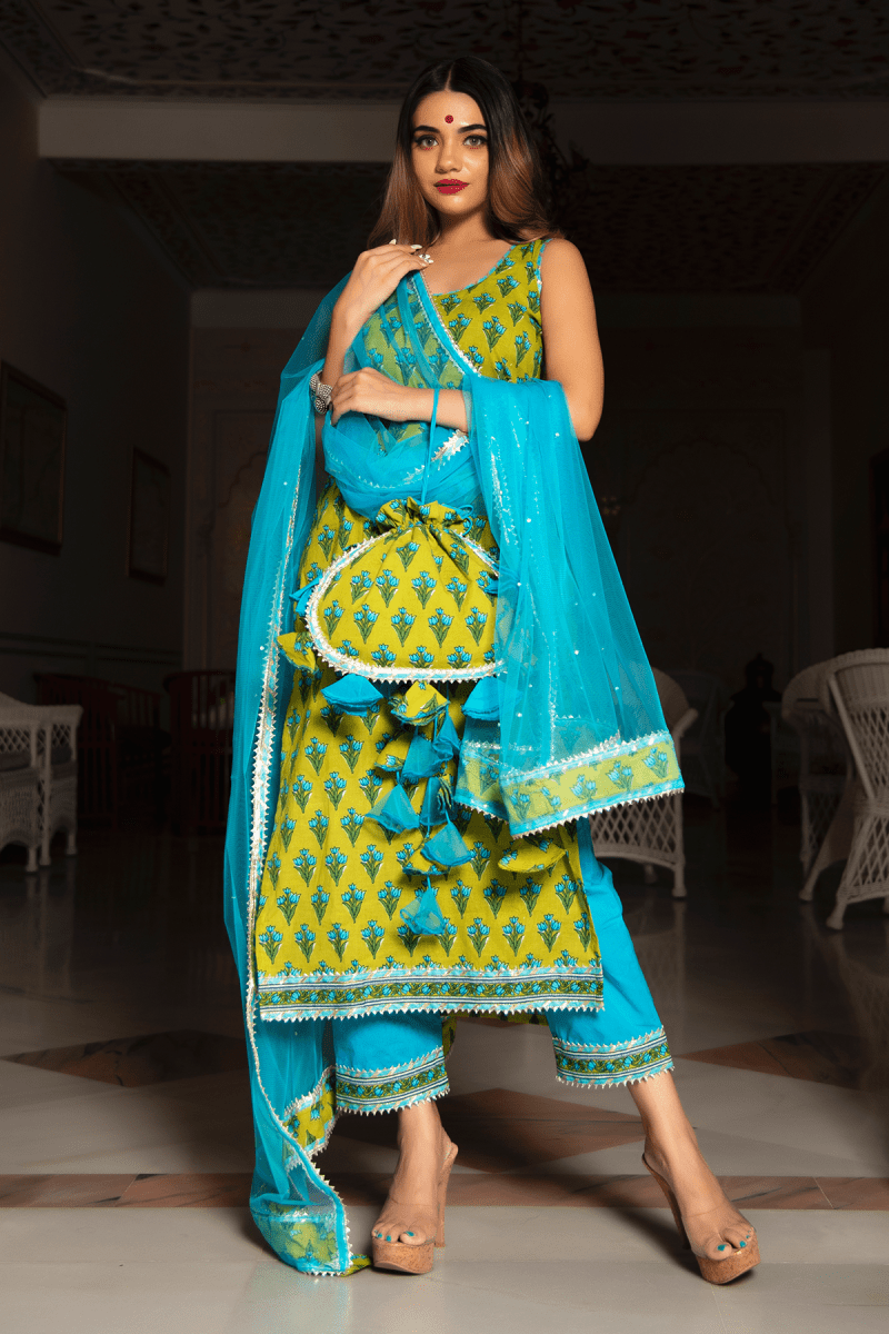 GULZAR BLUE HAND BLOCK COTTON KURTA SUIT SET WITH ORGANZA DUPATTA - Pomcha Jaipur
