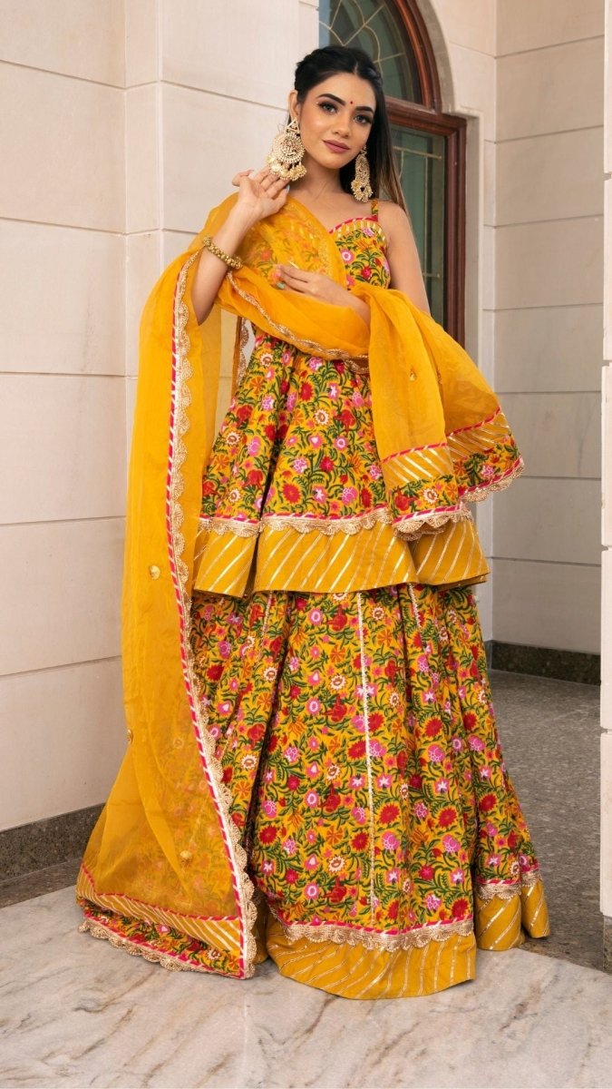 HALDI YELLOW HAND BLOCK COTTON PRINT WITH LACE WORK LEHENGA AND ORGANZA DUPATTA SET - Pomcha Jaipur