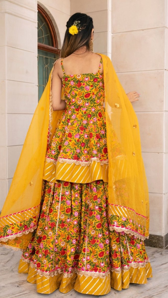 HALDI YELLOW HAND BLOCK COTTON PRINT WITH LACE WORK LEHENGA AND ORGANZA DUPATTA SET - Pomcha Jaipur