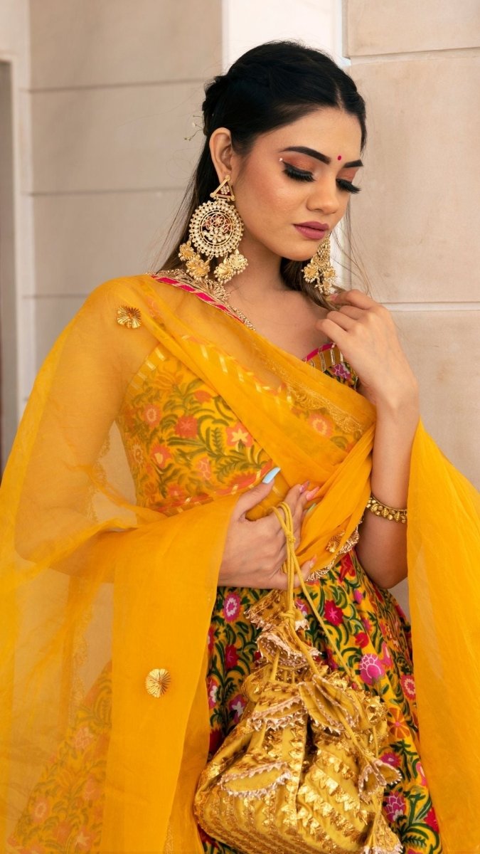HALDI YELLOW HAND BLOCK COTTON PRINT WITH LACE WORK LEHENGA AND ORGANZA DUPATTA SET - Pomcha Jaipur