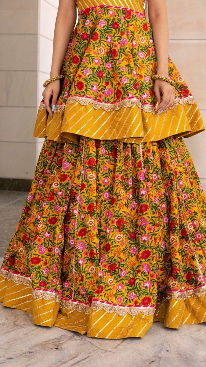 HALDI YELLOW HAND BLOCK COTTON PRINT WITH LACE WORK LEHENGA AND ORGANZA DUPATTA SET - Pomcha Jaipur