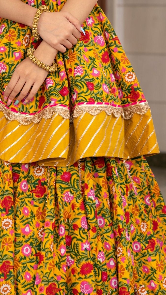 HALDI YELLOW HAND BLOCK COTTON PRINT WITH LACE WORK LEHENGA AND ORGANZA DUPATTA SET - Pomcha Jaipur